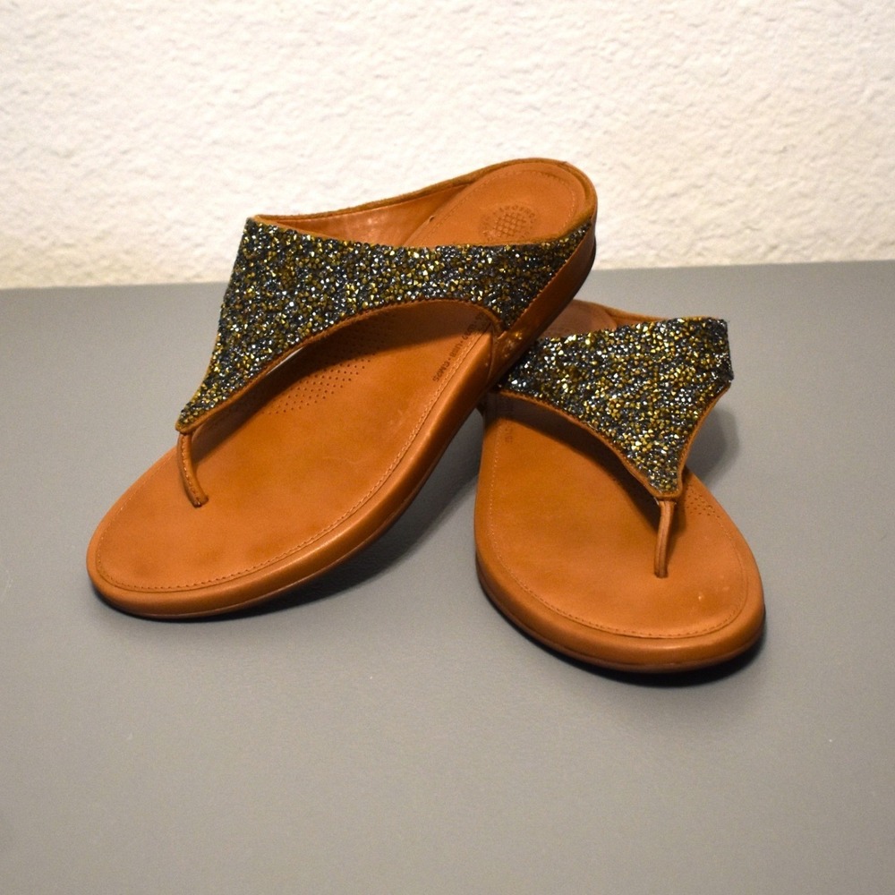 FitFlop Lulu Sandals Womens 8 Tan Gold Crystal Embellished B45-012 Excellent